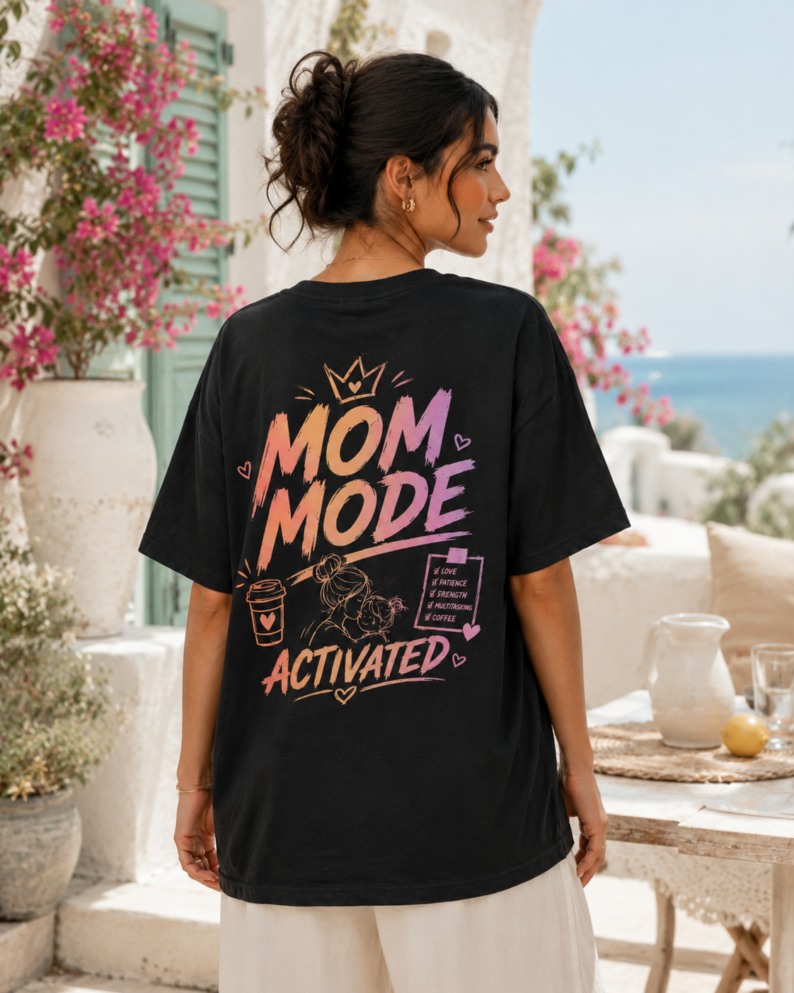 Mom Mode Activated Tee negru, tricou oversized Armedy Society cu grafica pastelata pe spate
