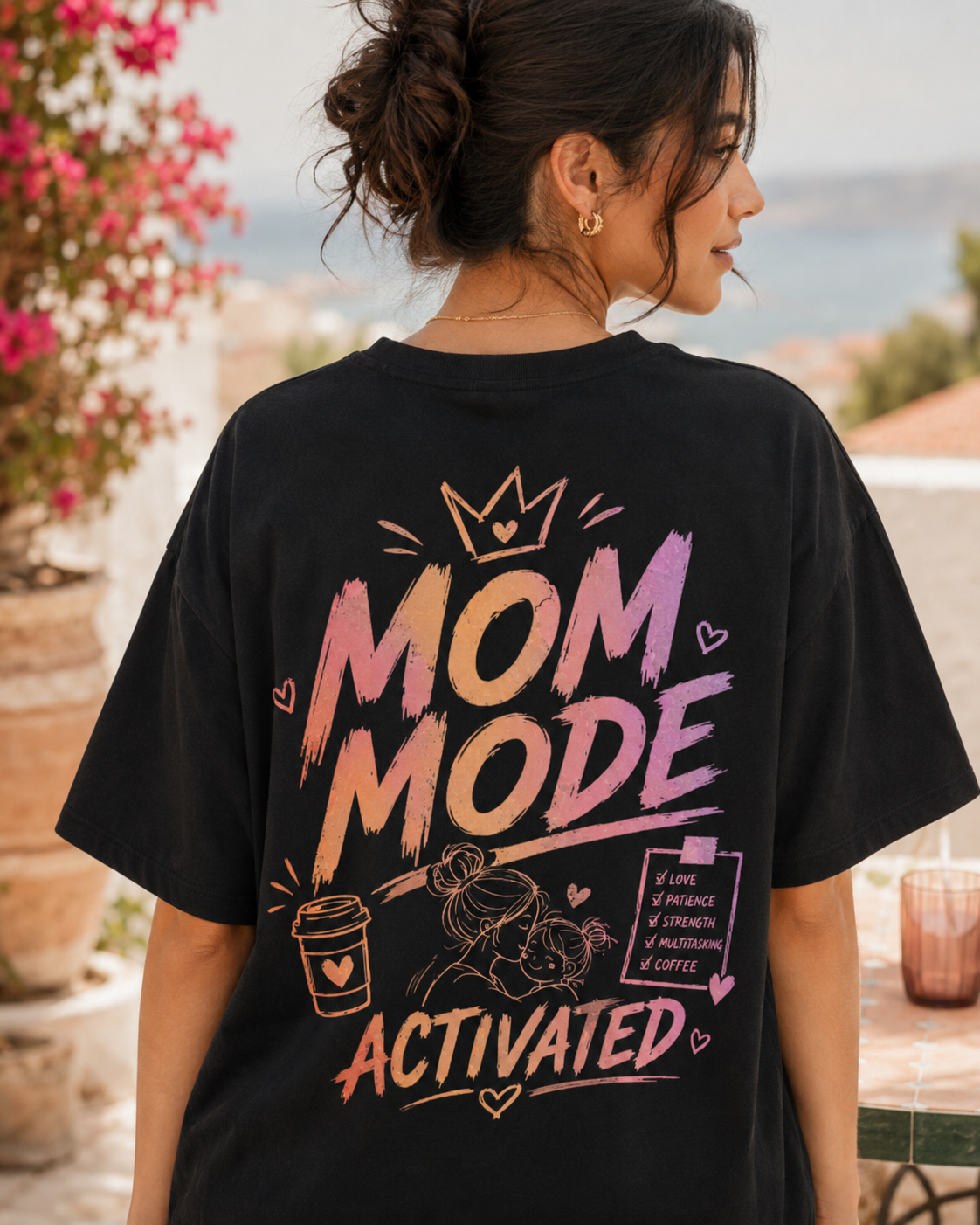 Mom Mode Activated Tee negru, tricou oversized Armedy Society cu grafica pastelata pe spate