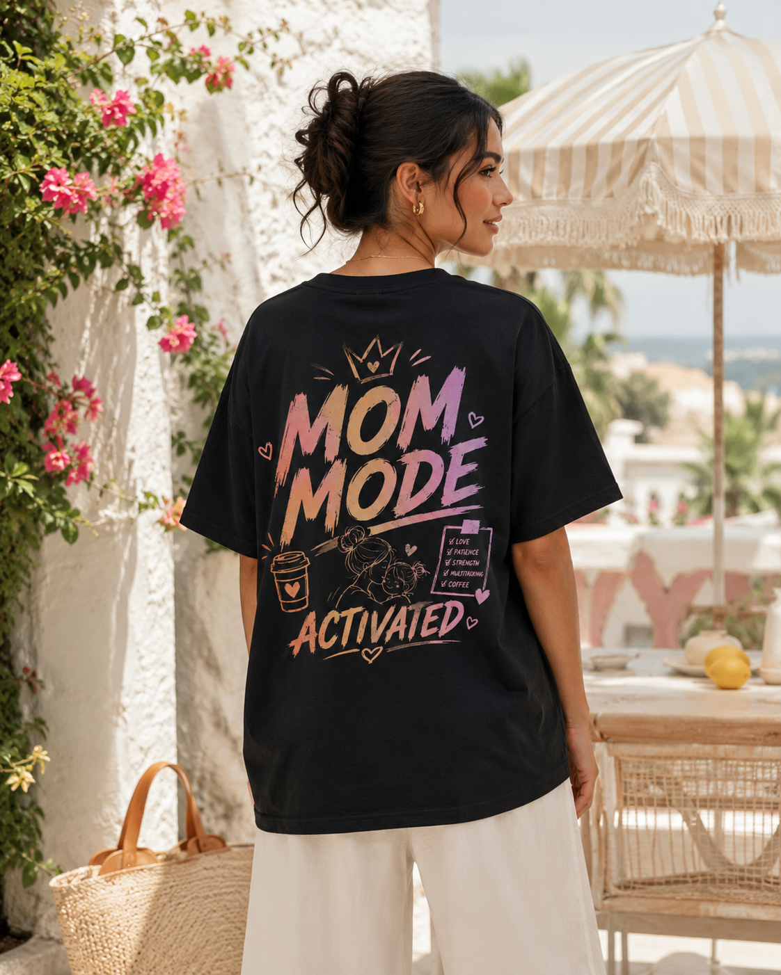 Mom Mode Activated Tee negru, tricou oversized Armedy Society cu grafica pastelata pe spate