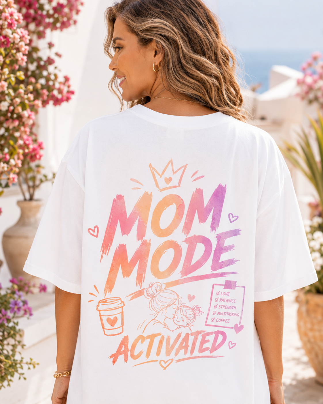 Mom Mode Activated Tee alb, tricou oversized Armedy Society cu grafica pastelata pe spate