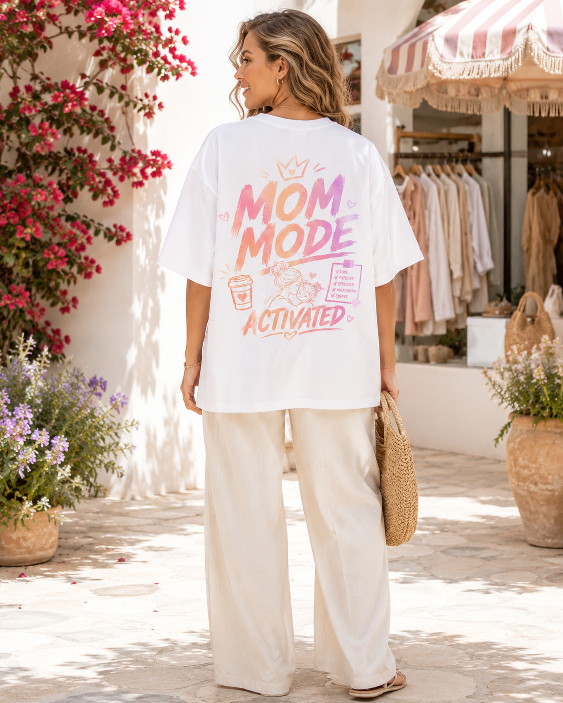 Mom Mode Activated Tee alb, tricou oversized Armedy Society cu grafica pastelata pe spate
