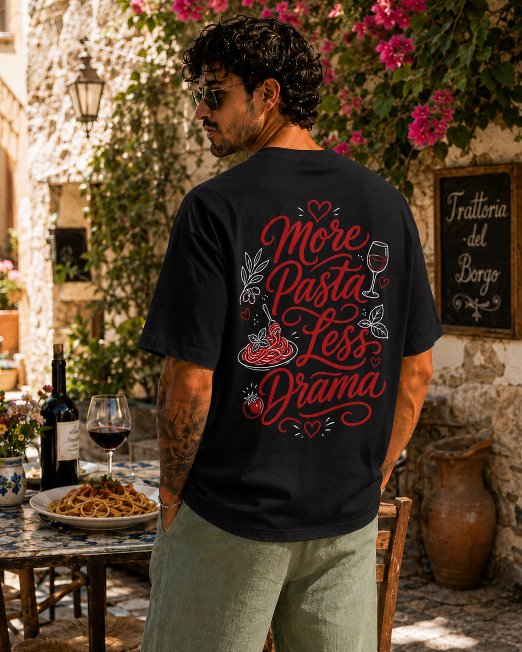 More Pasta Less Drama Tee negru, tricou oversized Armedy Society cu grafica rosie pe spate