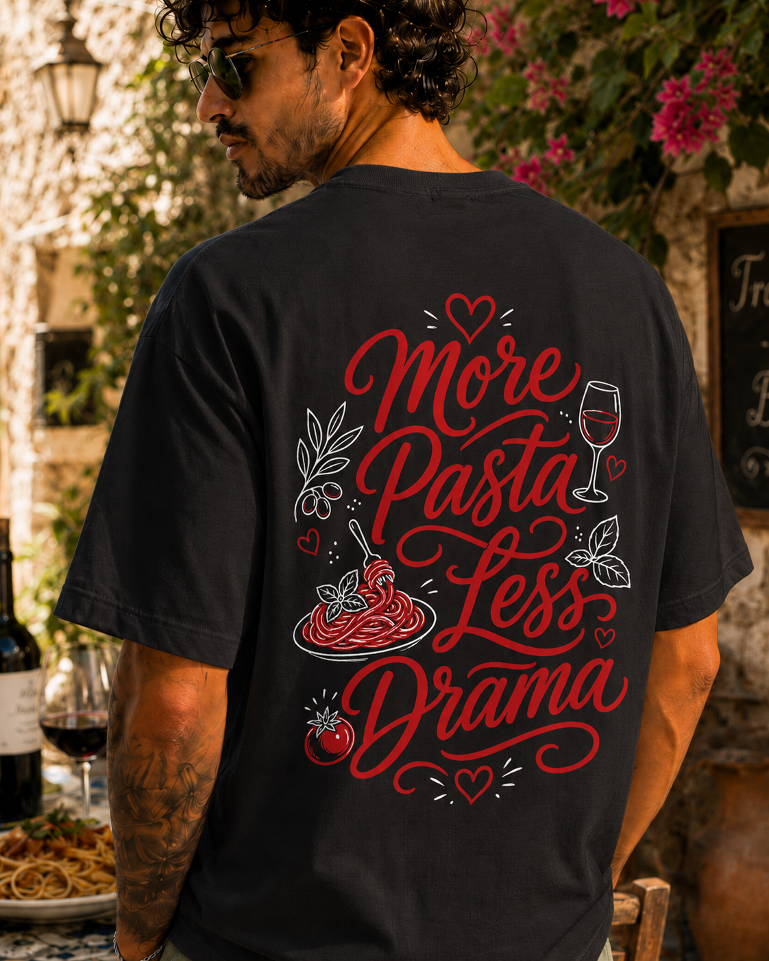 More Pasta Less Drama Tee negru, tricou oversized Armedy Society cu grafica rosie pe spate