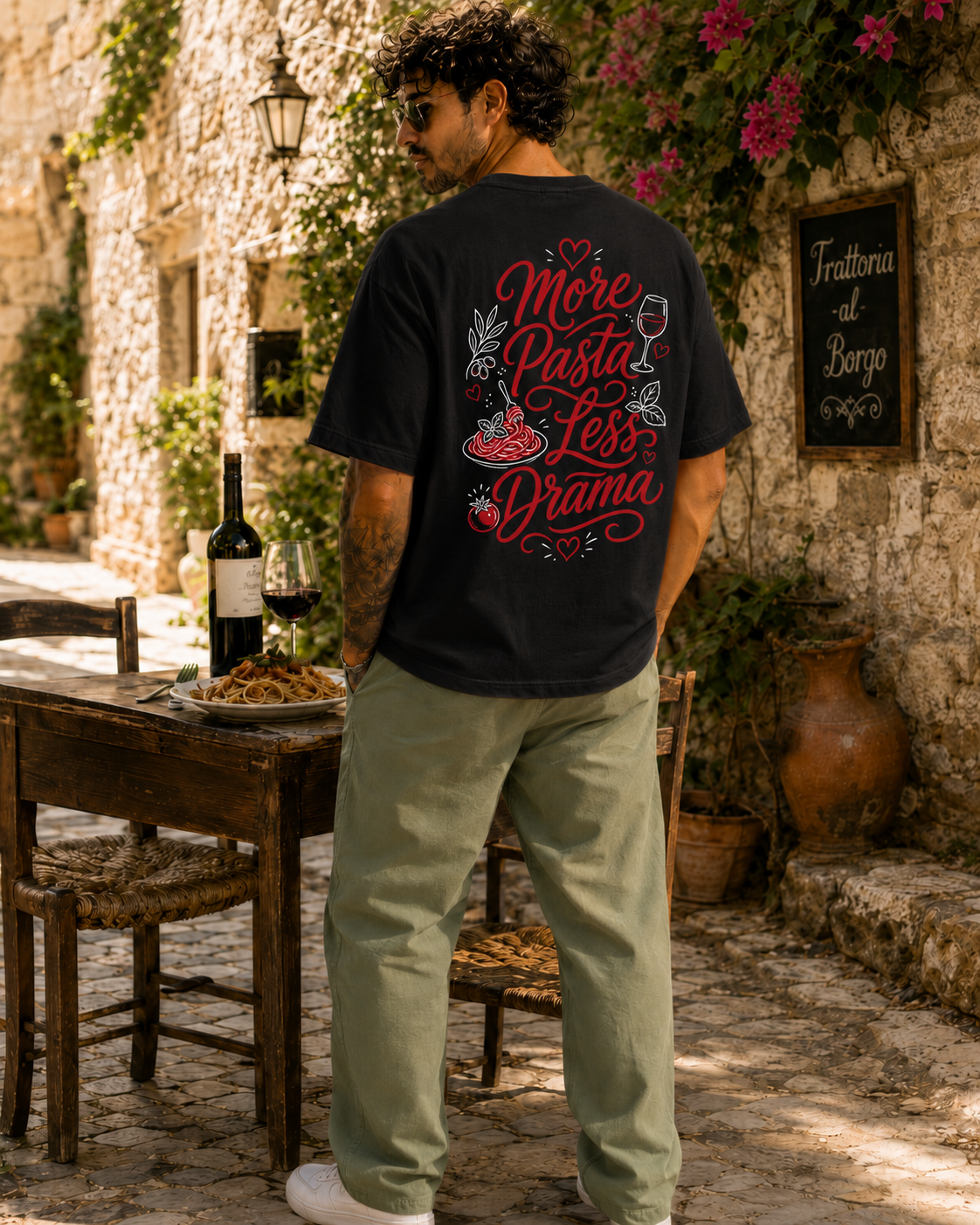 More Pasta Less Drama Tee negru, tricou oversized Armedy Society cu grafica rosie pe spate