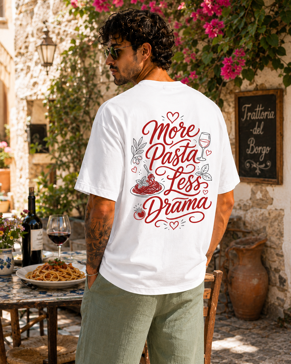 More Pasta Less Drama Tee alb, tricou oversized Armedy Society cu grafica rosie pe spate