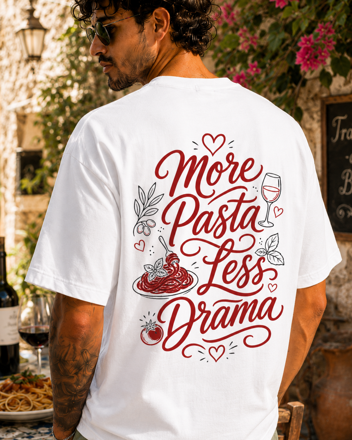More Pasta Less Drama Tee alb, tricou oversized Armedy Society cu grafica rosie pe spate