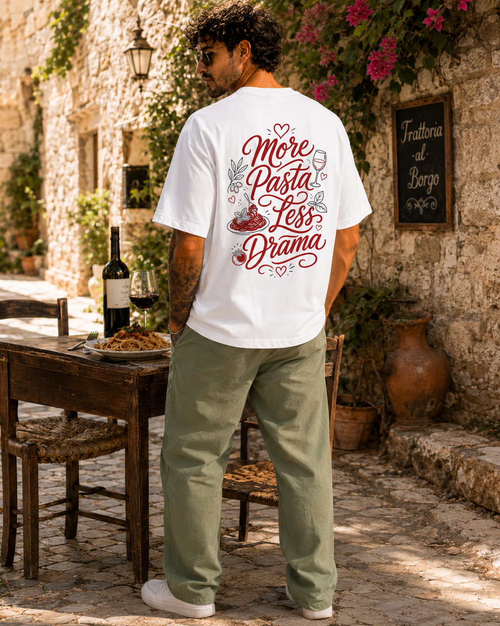 More Pasta Less Drama Tee alb, tricou oversized Armedy Society cu grafica rosie pe spate