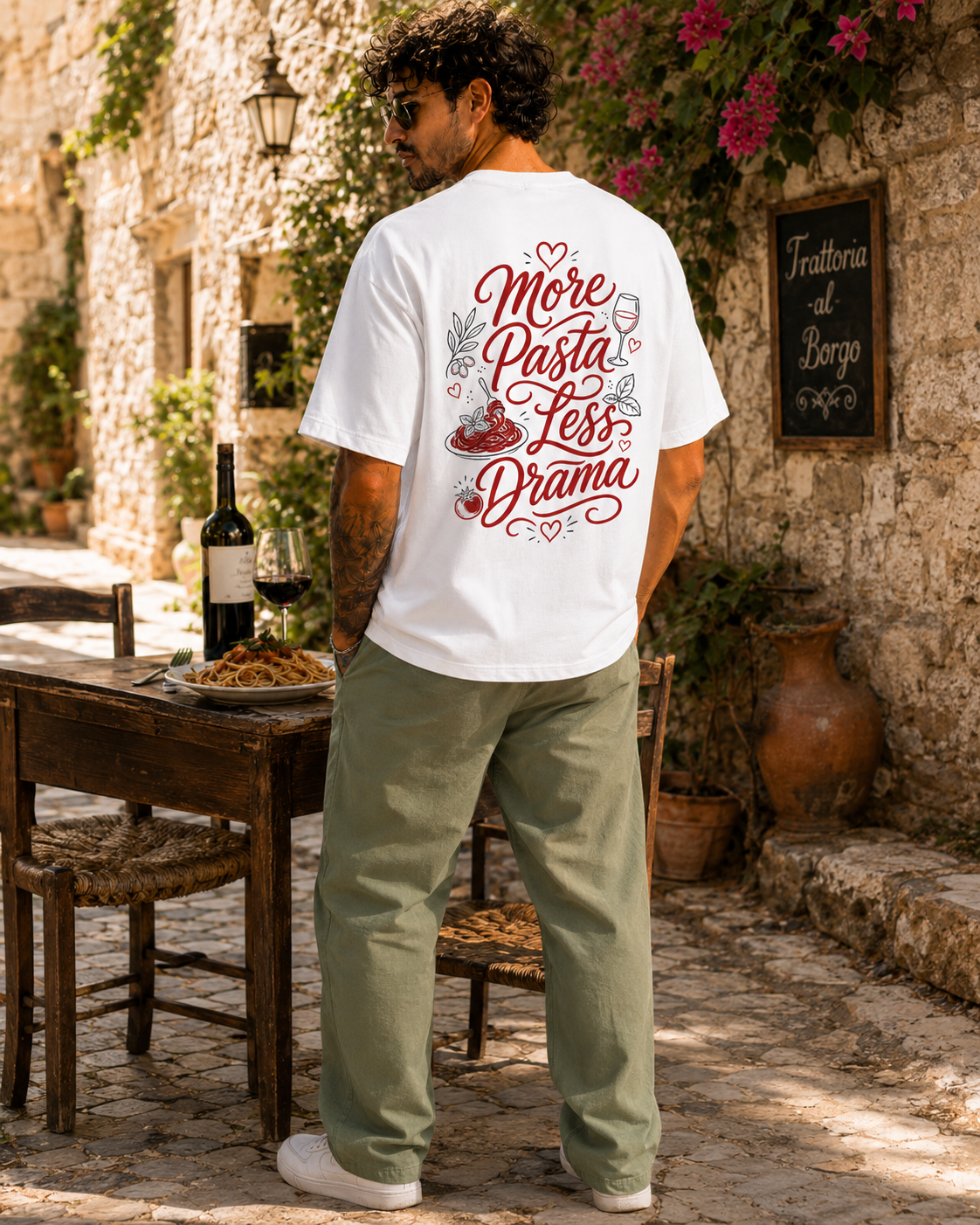 More Pasta Less Drama Tee alb, tricou oversized Armedy Society cu grafica rosie pe spate