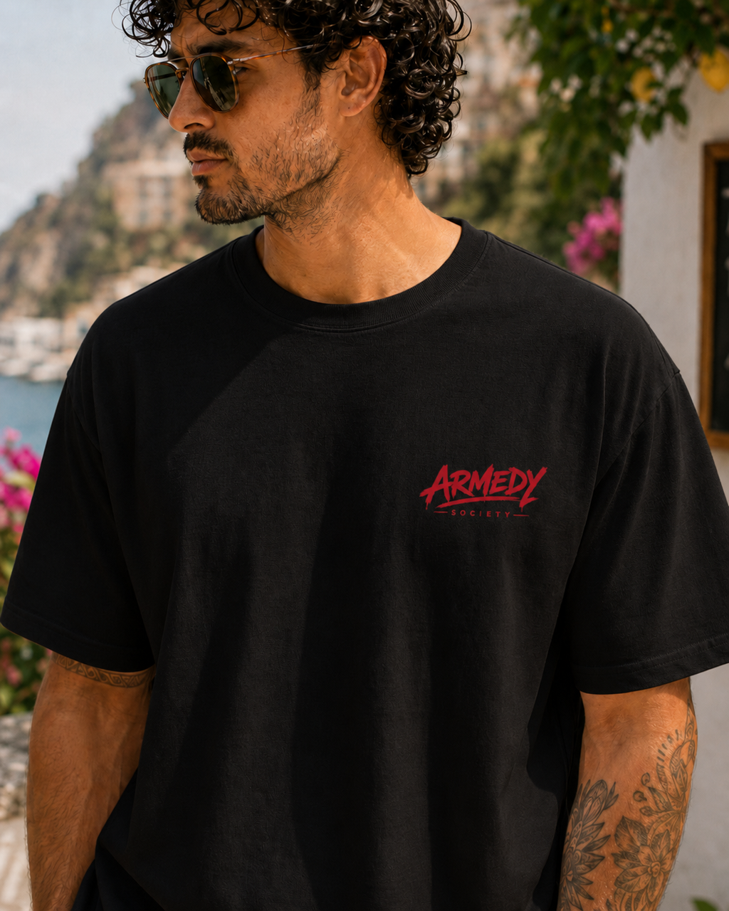 More Pasta Less Drama Tee negru, tricou oversized Armedy Society cu logo rosu pe piept