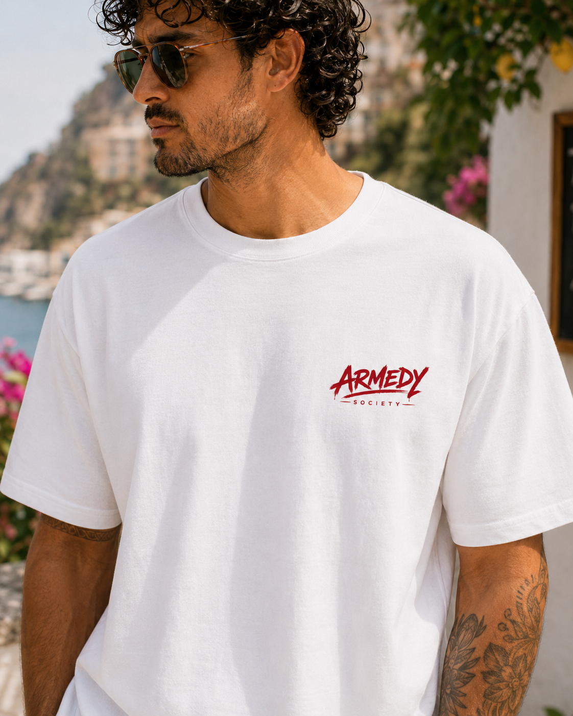 More Pasta Less Drama Tee alb, tricou oversized Armedy Society cu logo rosu pe piept