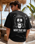 Detaliu spate tricou negru Armedy Society cu personaj coffee monster si mesaj Wear Your Vibe