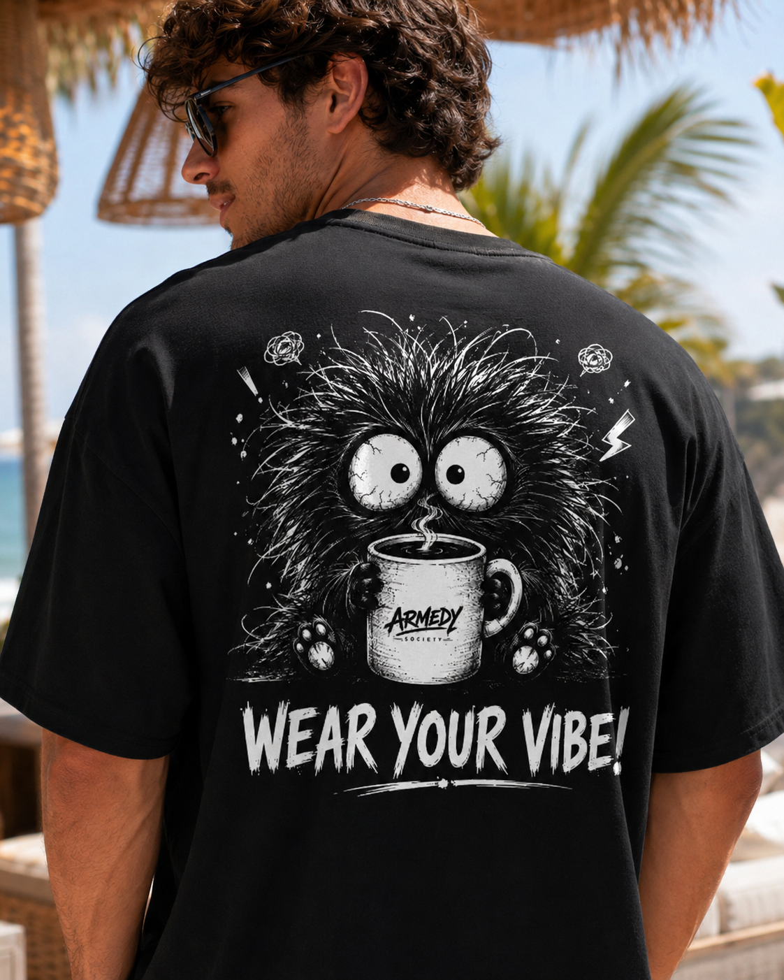 Detaliu spate tricou negru Armedy Society cu personaj coffee monster si mesaj Wear Your Vibe