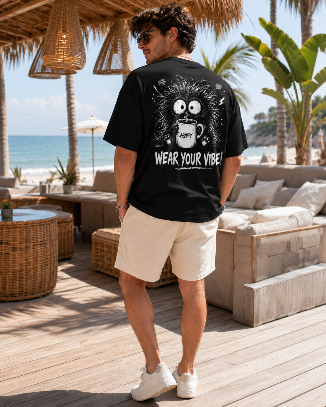Detaliu spate tricou negru Armedy Society cu personaj coffee monster si mesaj Wear Your Vibe