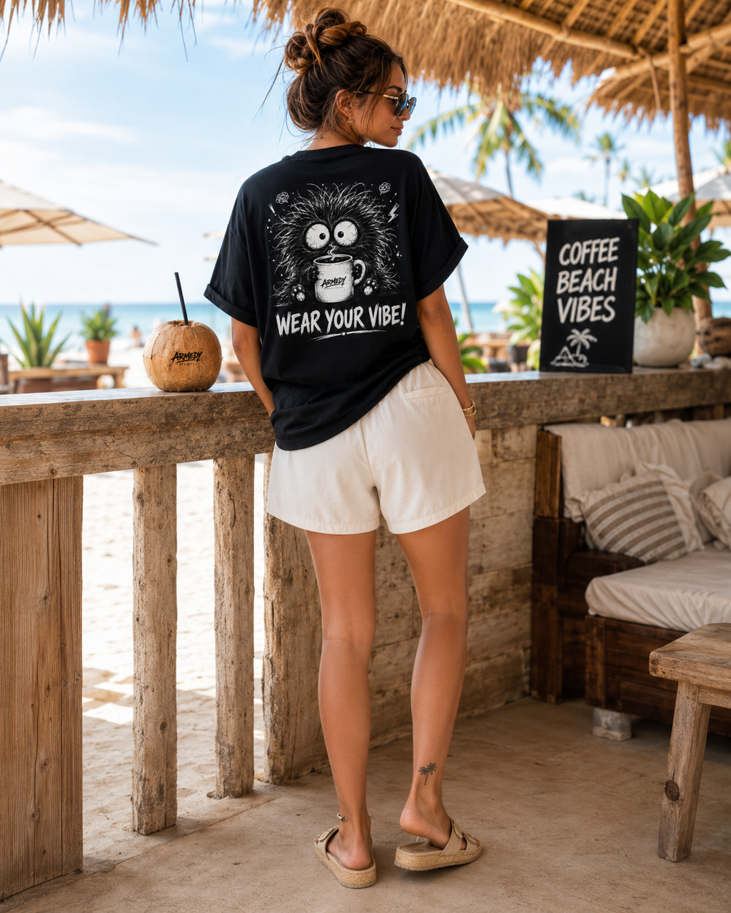 Tricou negru oversized Armedy Society cu grafica coffee monster pe spate, purtat de model feminin