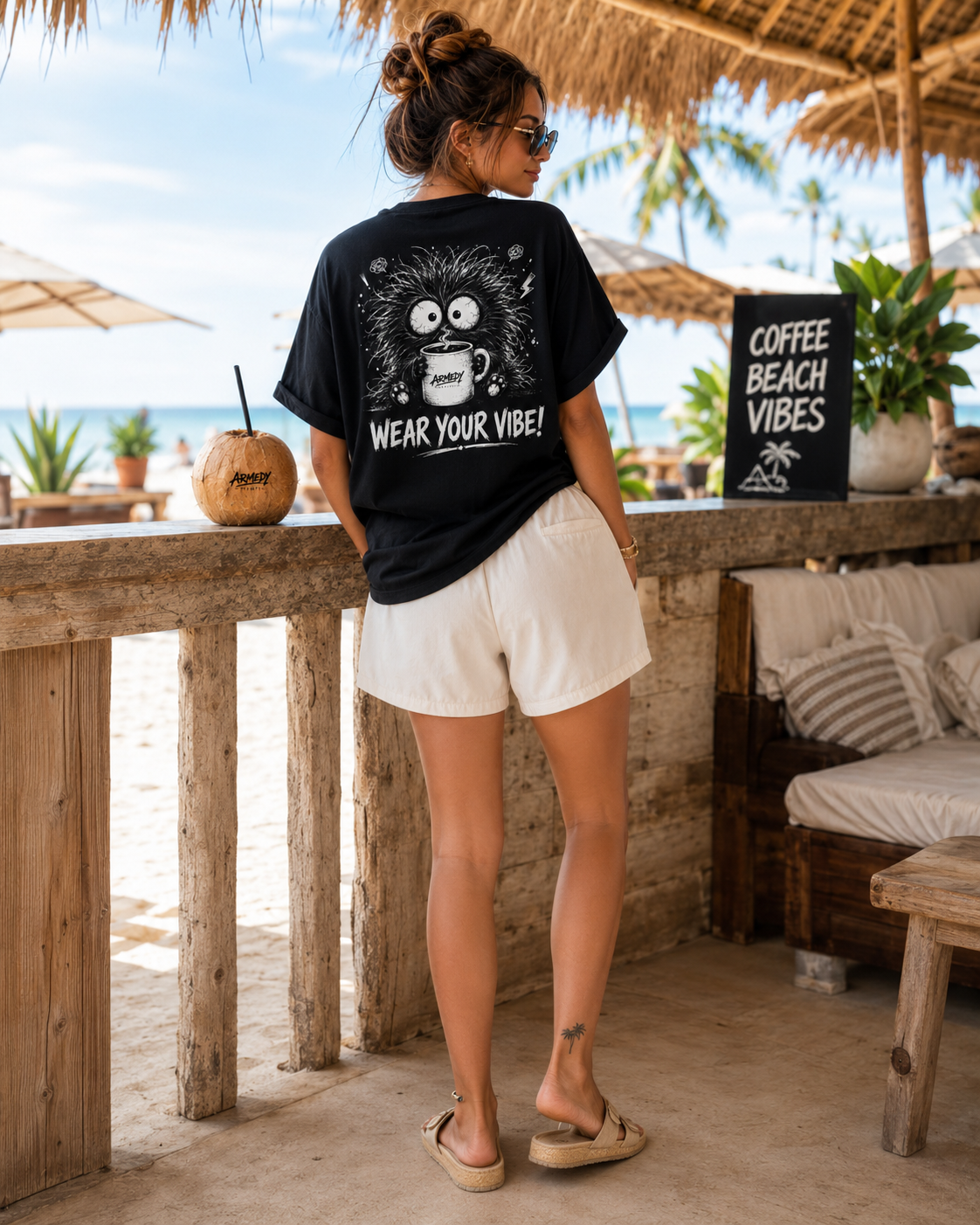 Tricou negru oversized Armedy Society cu grafica coffee monster pe spate, purtat de model feminin