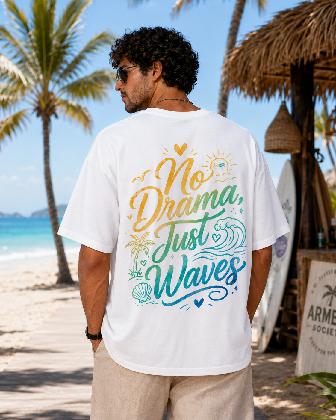 Tricou alb oversized Armedy Society cu design No Drama Just Waves in decor de plaja
