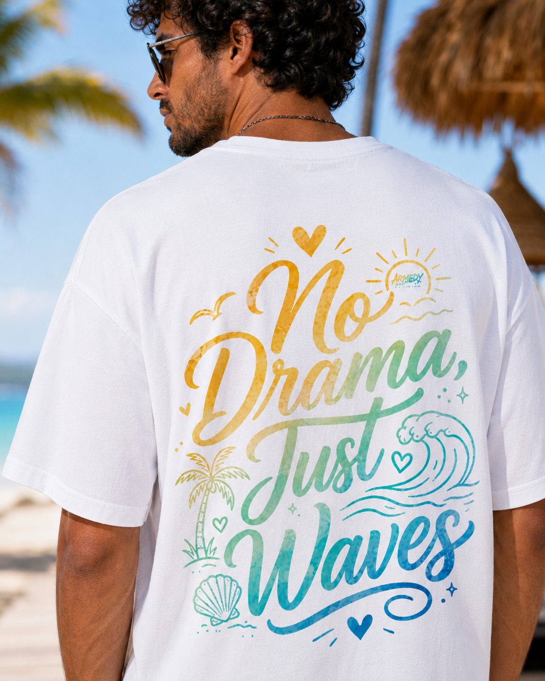 Tricou alb oversized Armedy Society cu design No Drama Just Waves in decor de plaja