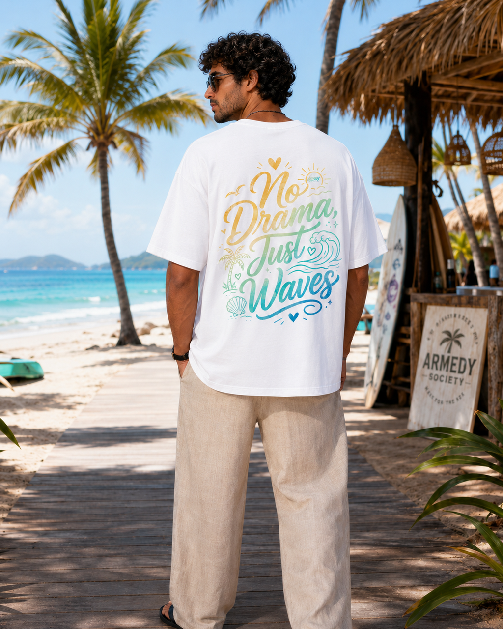Tricou alb oversized Armedy Society cu design No Drama Just Waves in decor de plaja