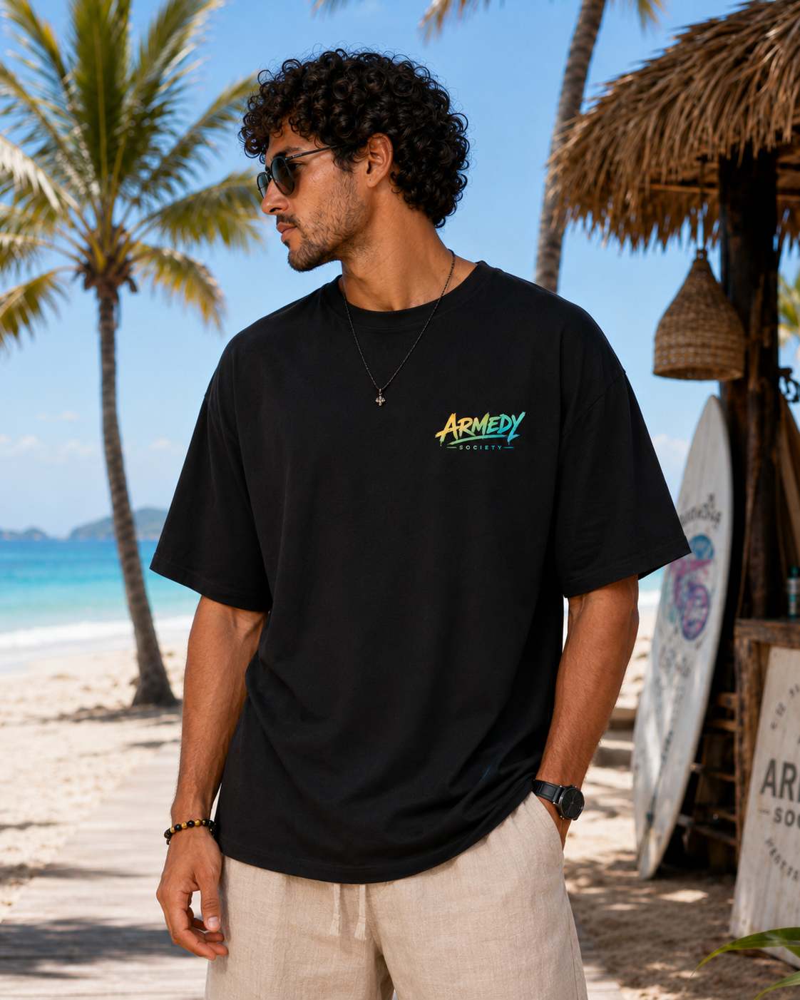 No Drama Just Waves Tee negru, tricou oversized cu logo Armedy Society pe piept