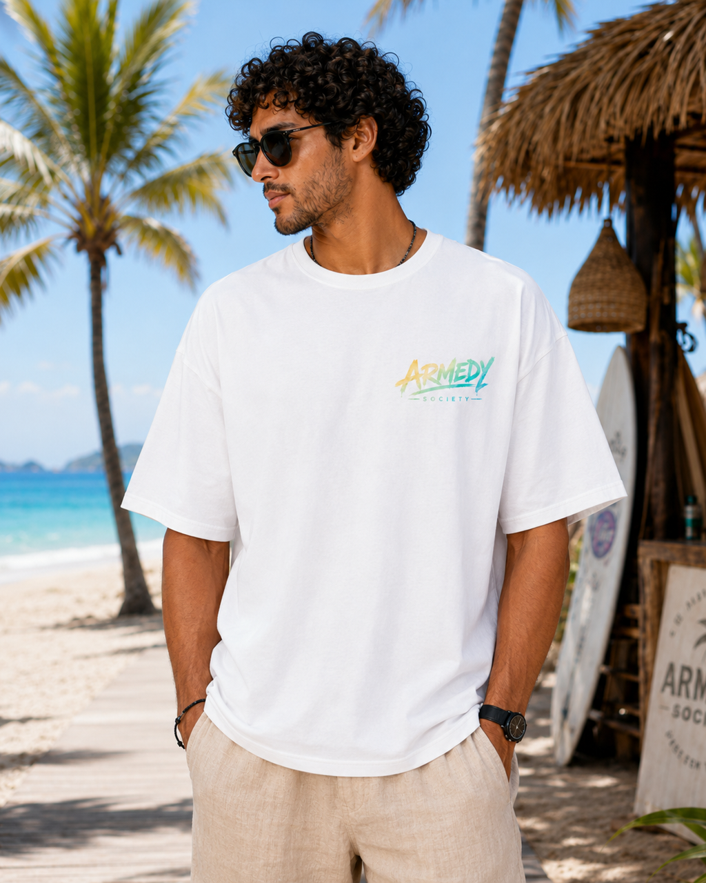 No Drama Just Waves Tee alb, tricou oversized cu logo colorat Armedy Society pe fata