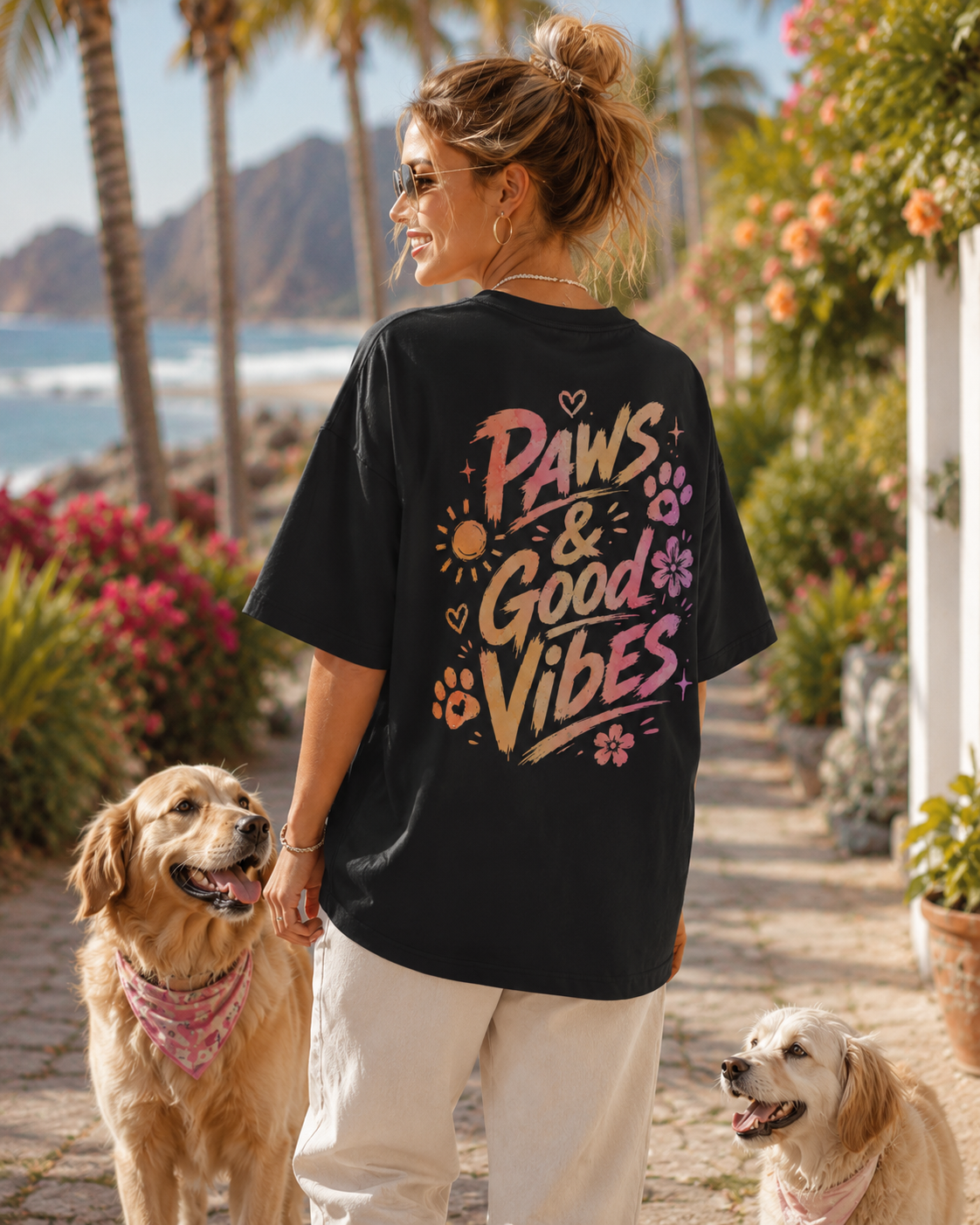 Paws and Good Vibes Tee negru, tricou oversized cu grafica pastelata pe spate