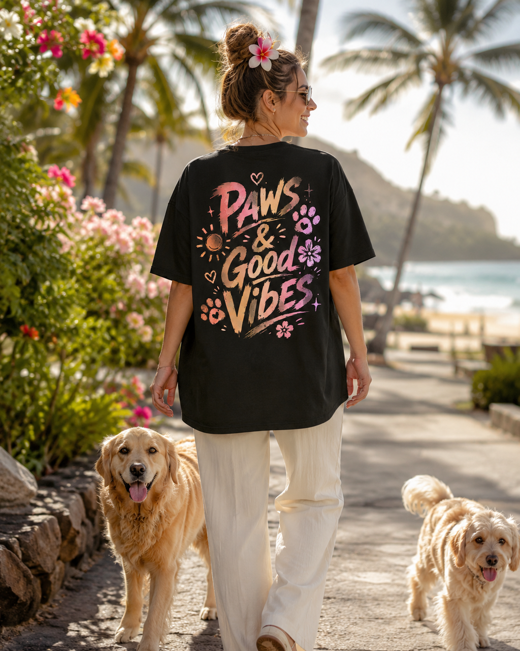 Paws and Good Vibes Tee negru, tricou oversized cu grafica pastelata pe spate