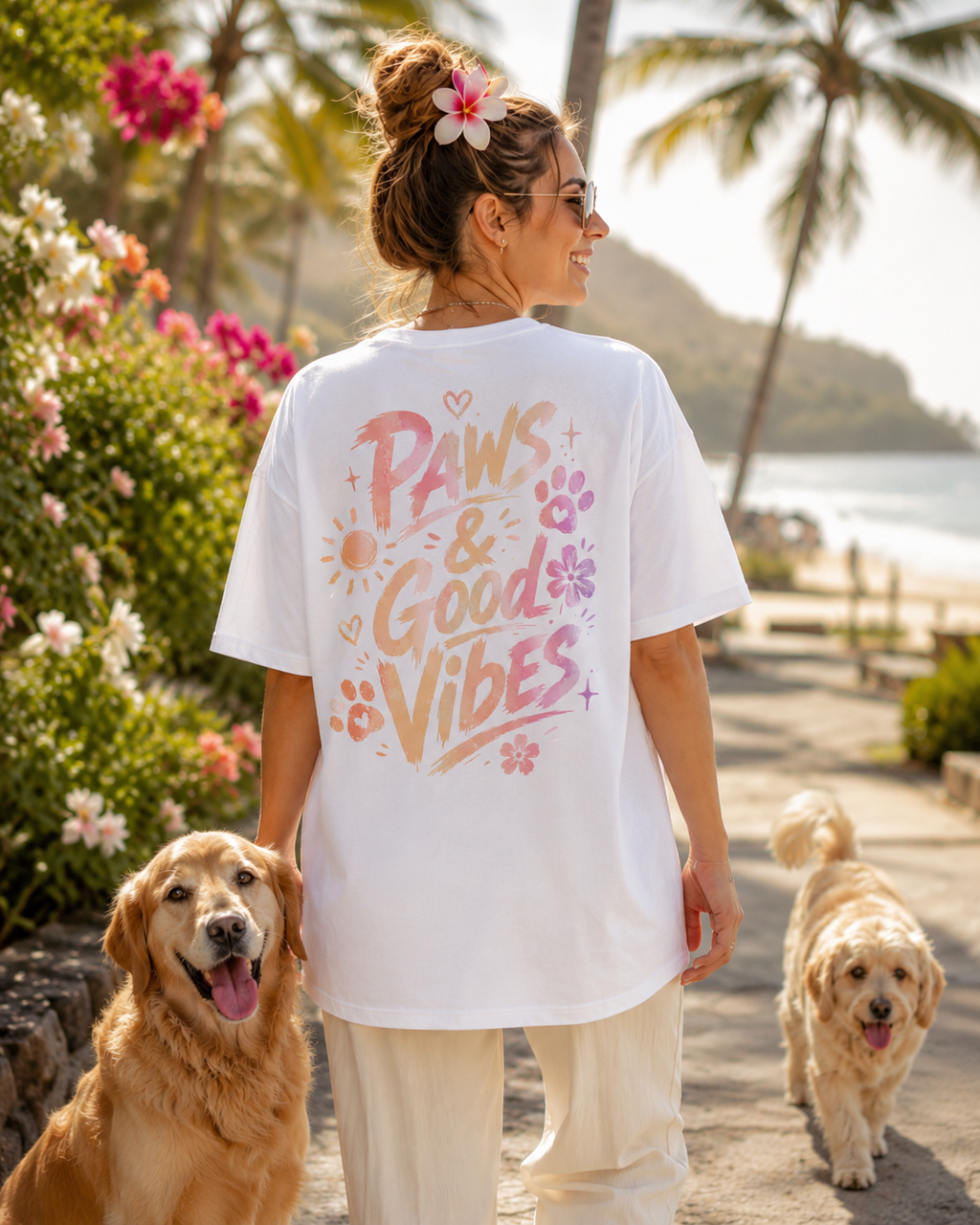 Paws and Good Vibes Tee alb, tricou oversized Armedy Society cu grafica mare pe spate
