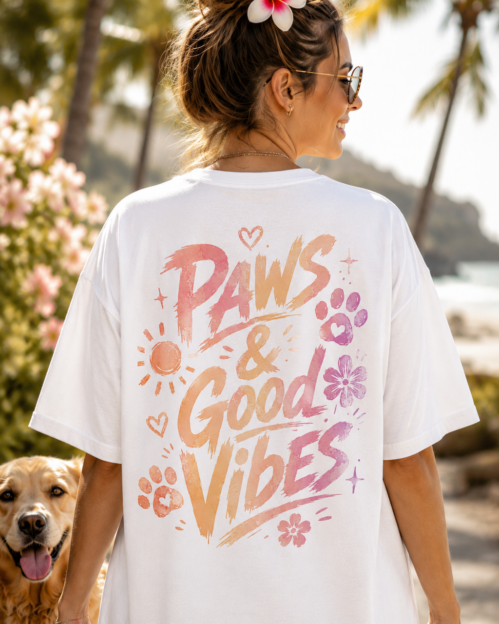 Paws and Good Vibes Tee alb, tricou oversized Armedy Society cu grafica mare pe spate