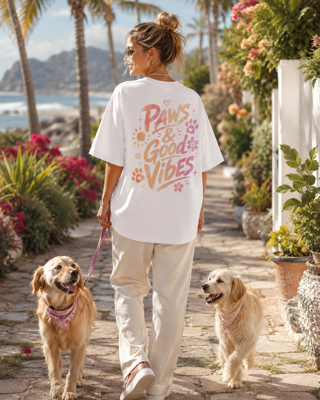 Paws and Good Vibes Tee alb, tricou oversized Armedy Society cu grafica mare pe spate