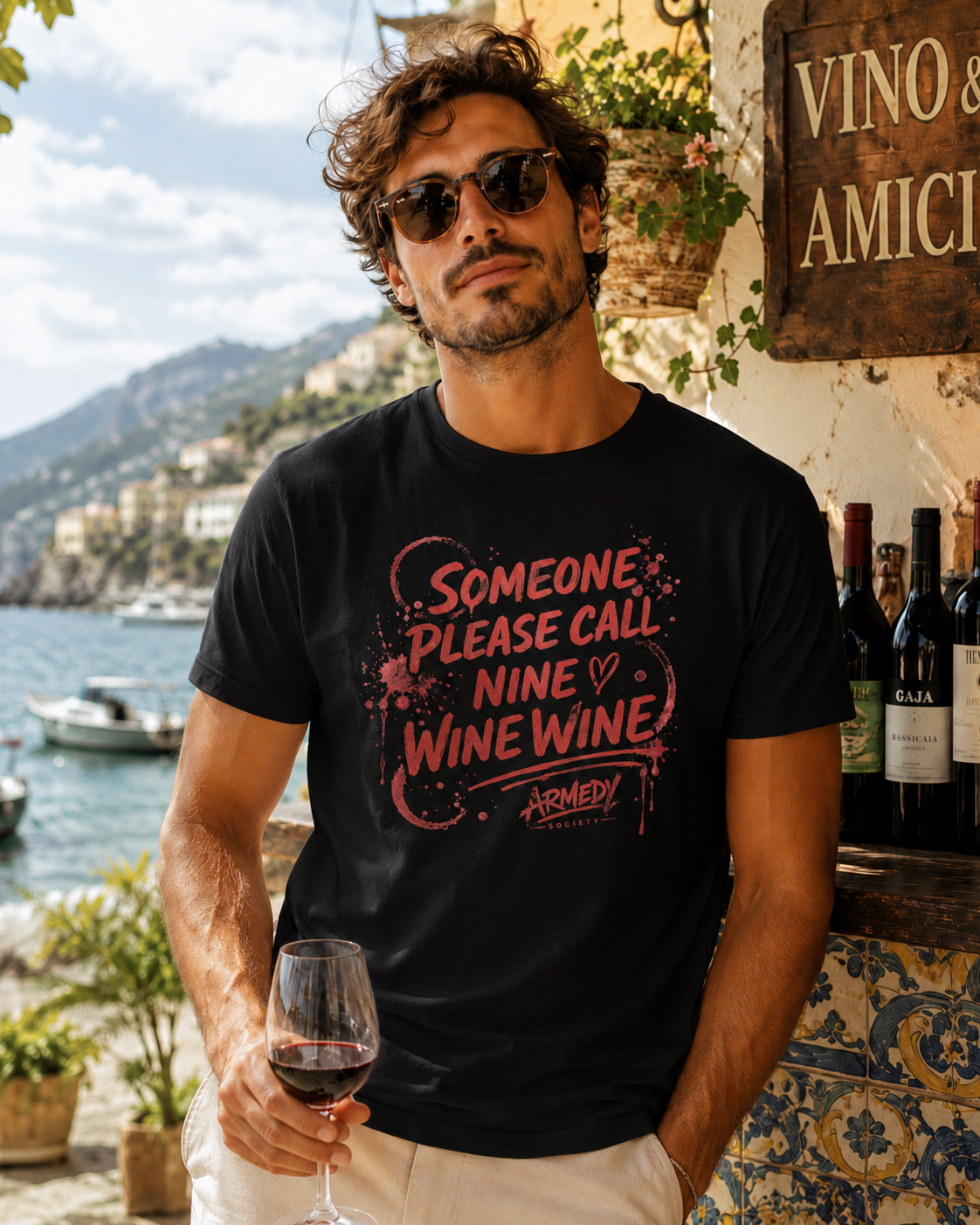 Nine Wine Wine Statement Tee negru, tricou oversized cu print rosu pe fata