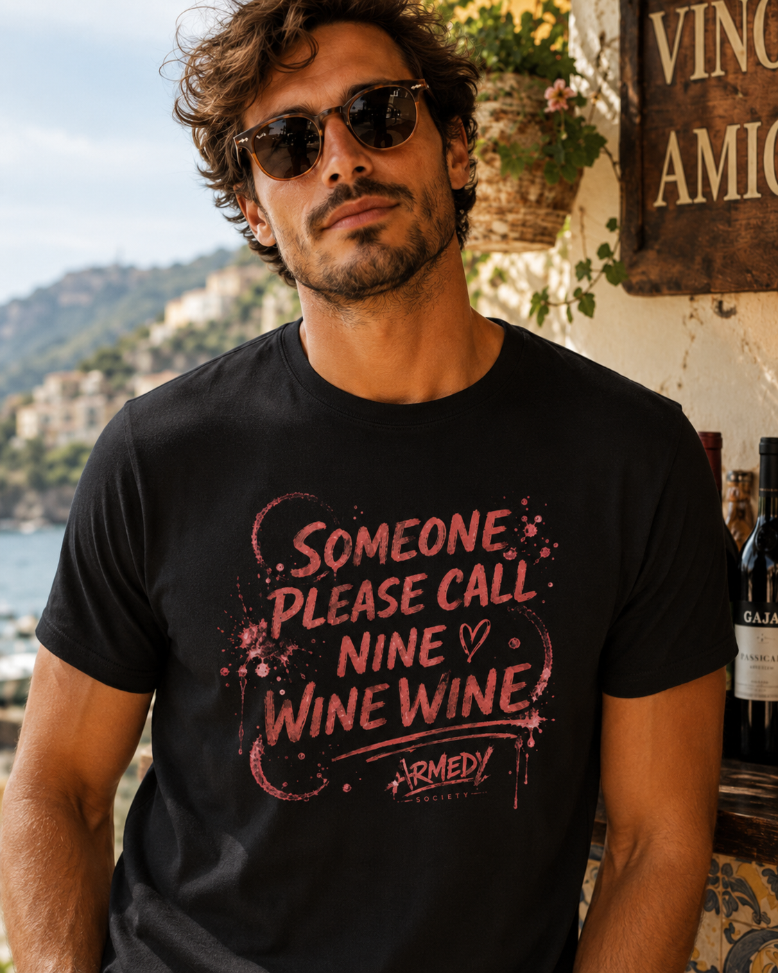 Nine Wine Wine Statement Tee negru, tricou oversized cu print rosu pe fata
