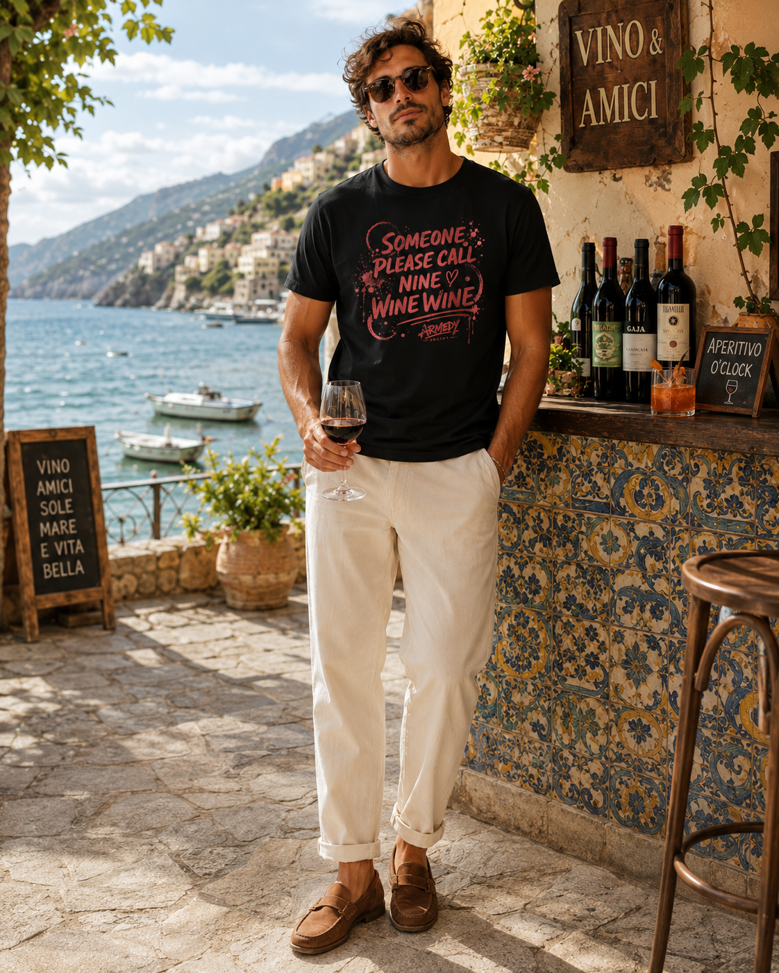 Nine Wine Wine Statement Tee negru, tricou oversized cu print rosu pe fata