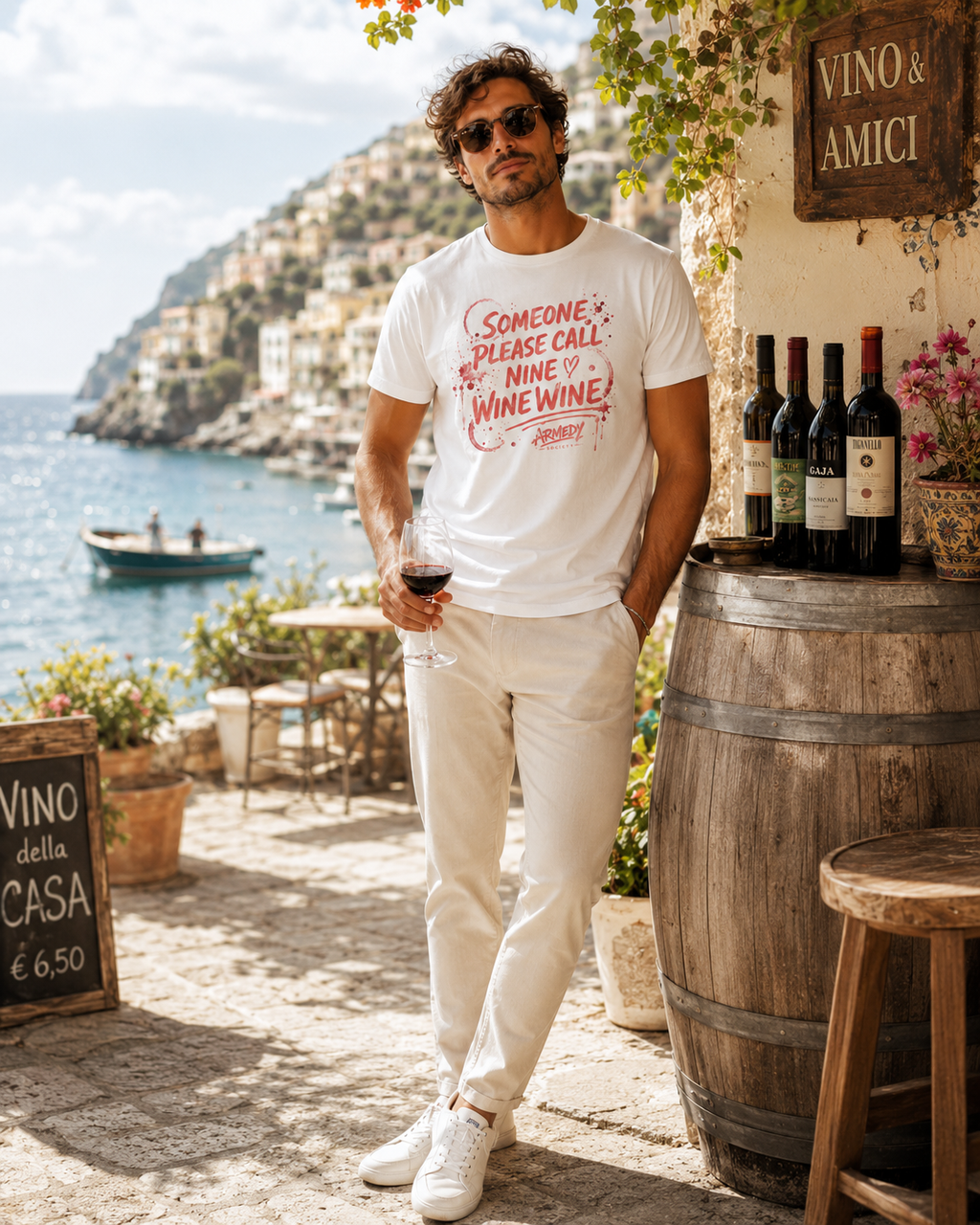 Nine Wine Wine Statement Tee alb, tricou oversized Armedy Society cu print mare pe fata