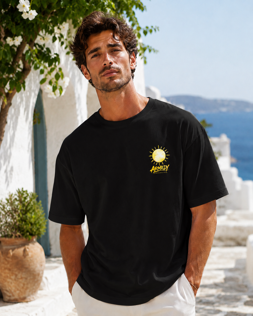 Tricou negru Summer State of Mind cu logo mic Armedy Society pe piept