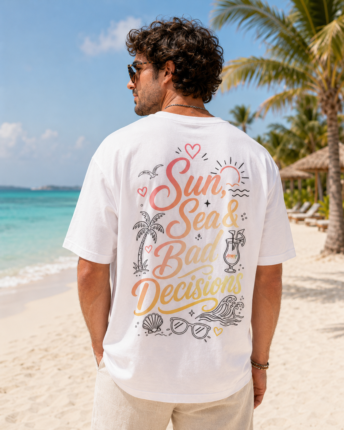 Model masculin purtand tricou alb Sun Sea and Bad Decisions intr-un decor tropical