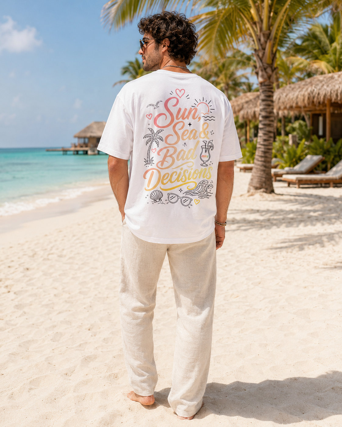 Model masculin purtand tricou alb Sun Sea and Bad Decisions intr-un decor tropical
