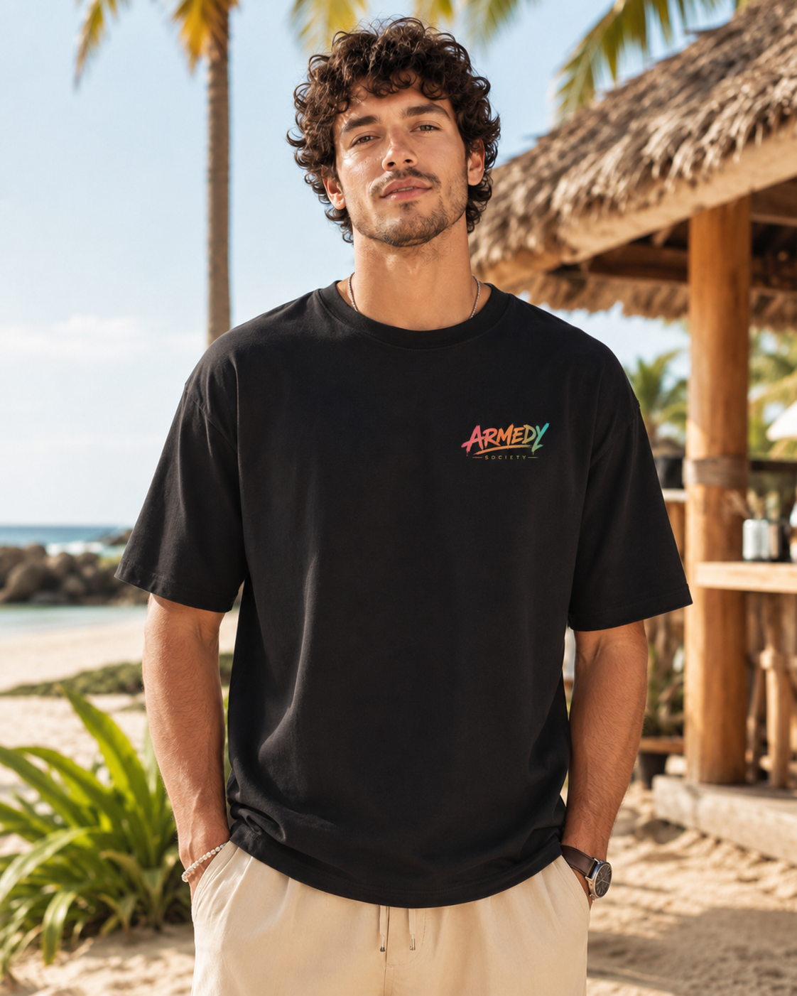 Sun Sea and Bad Decisions Tee negru, tricou oversized Armedy Society cu logo mic pe piept