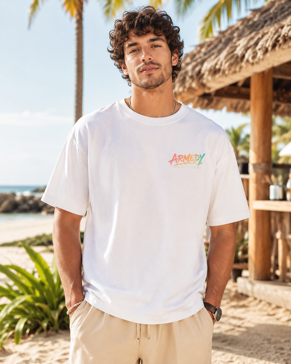 Sun Sea and Bad Decisions Tee alb, tricou oversized cu logo mic Armedy Society pe fata