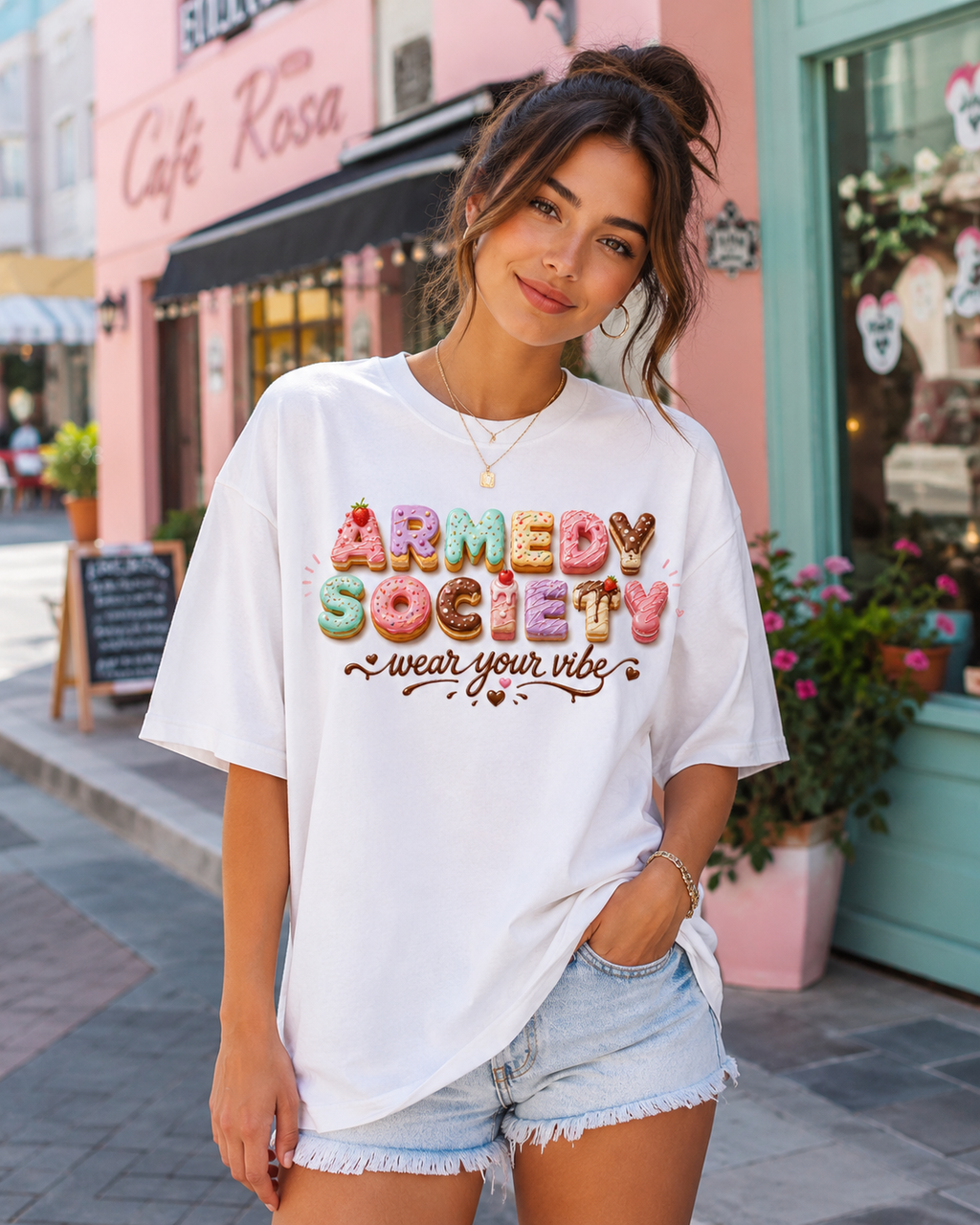 Model feminin purtand tricou alb Armedy Candy Vibes in fata unei cafenele roz