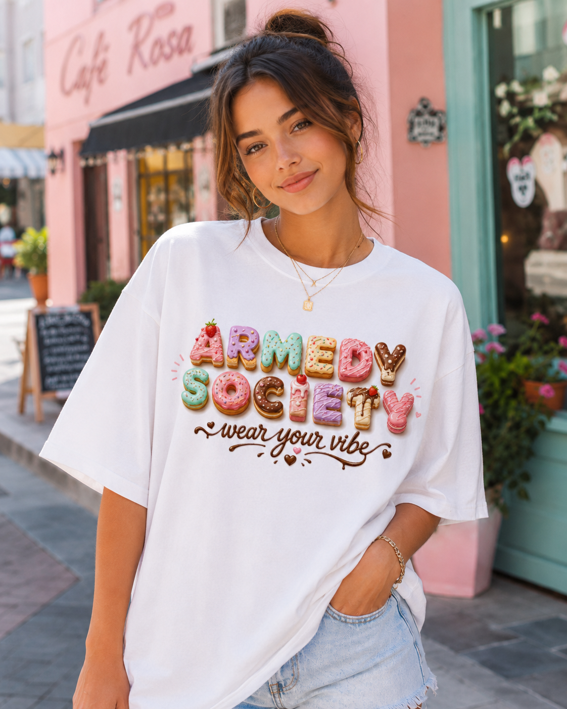 Model feminin purtand tricou alb Armedy Candy Vibes in fata unei cafenele roz