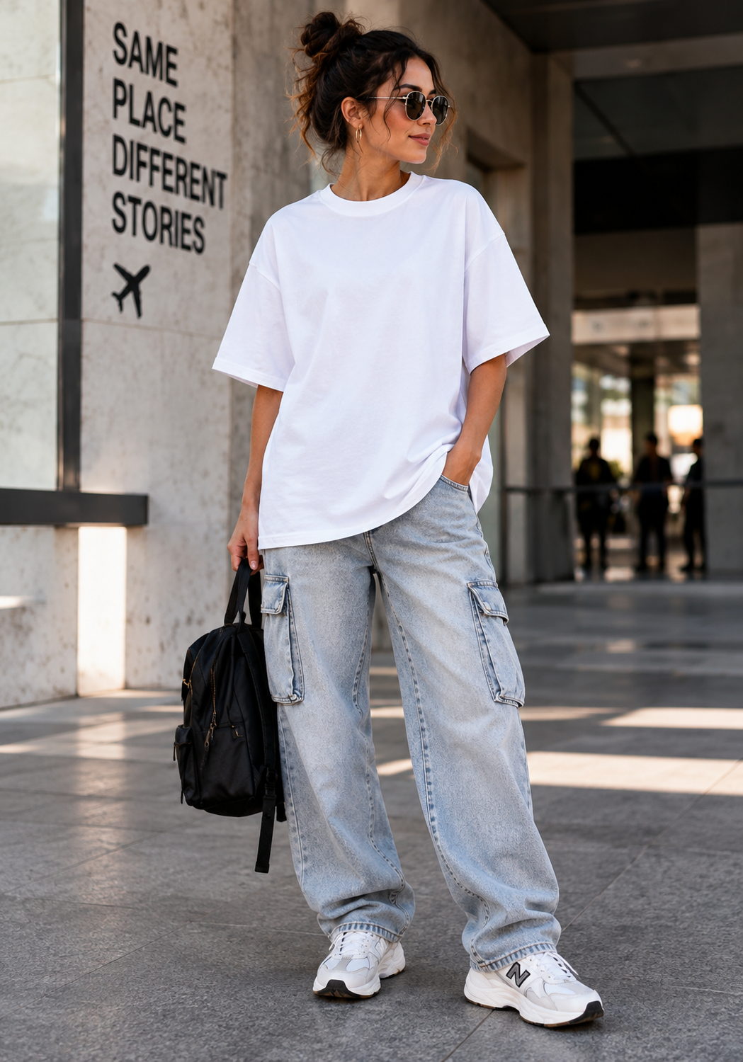 Model purtand tricou oversized alb simplu, vedere din fata