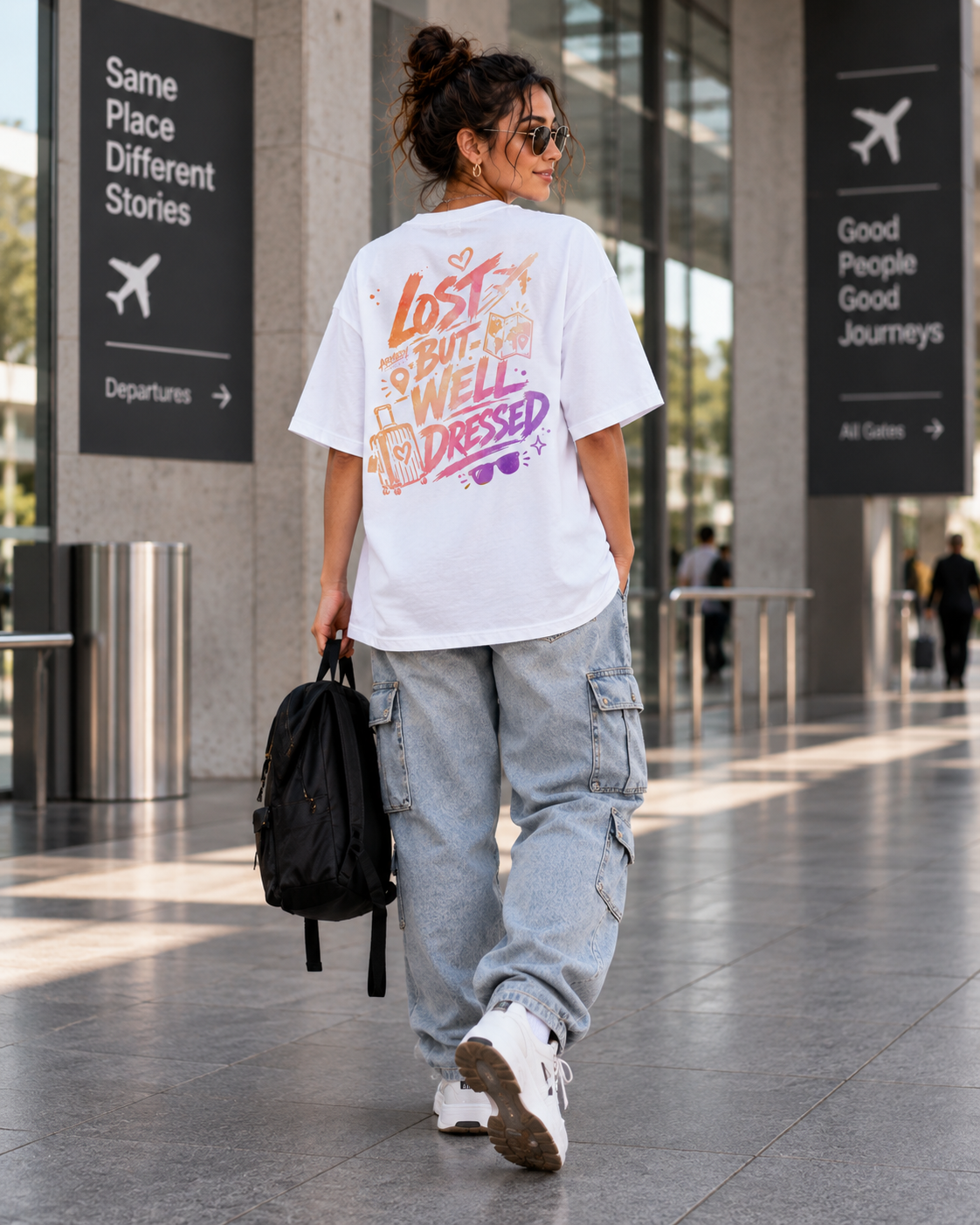 Model purtand tricou oversized alb Lost But Well Dressed, vedere full body din spate