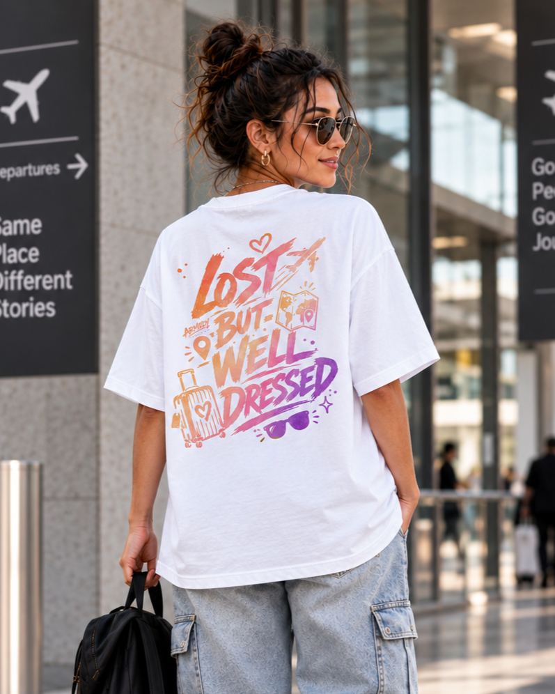 Detaliu grafica Lost But Well Dressed pe spatele tricoului oversized alb