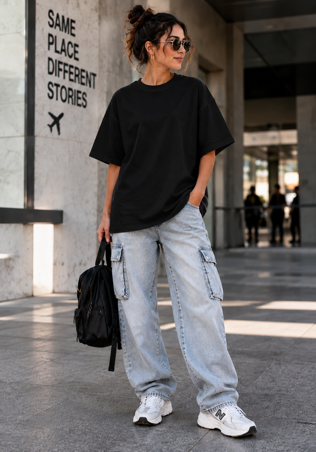 Model purtand tricou oversized negru simplu, vedere din fata