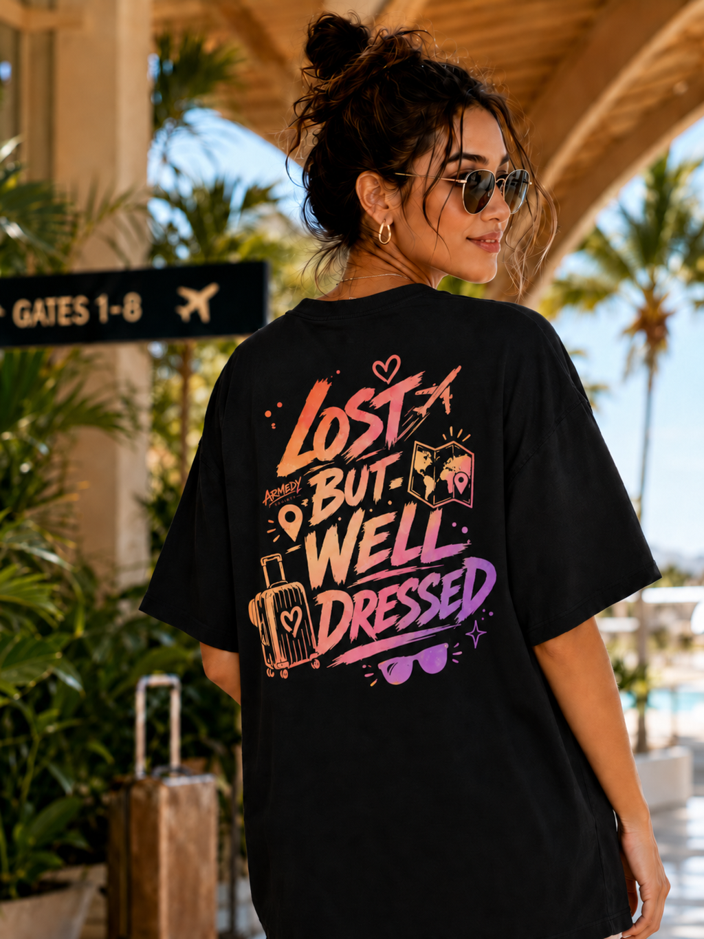 Tricou oversized negru Lost But Well Dressed cu grafica de calatorie, vedere din spate
