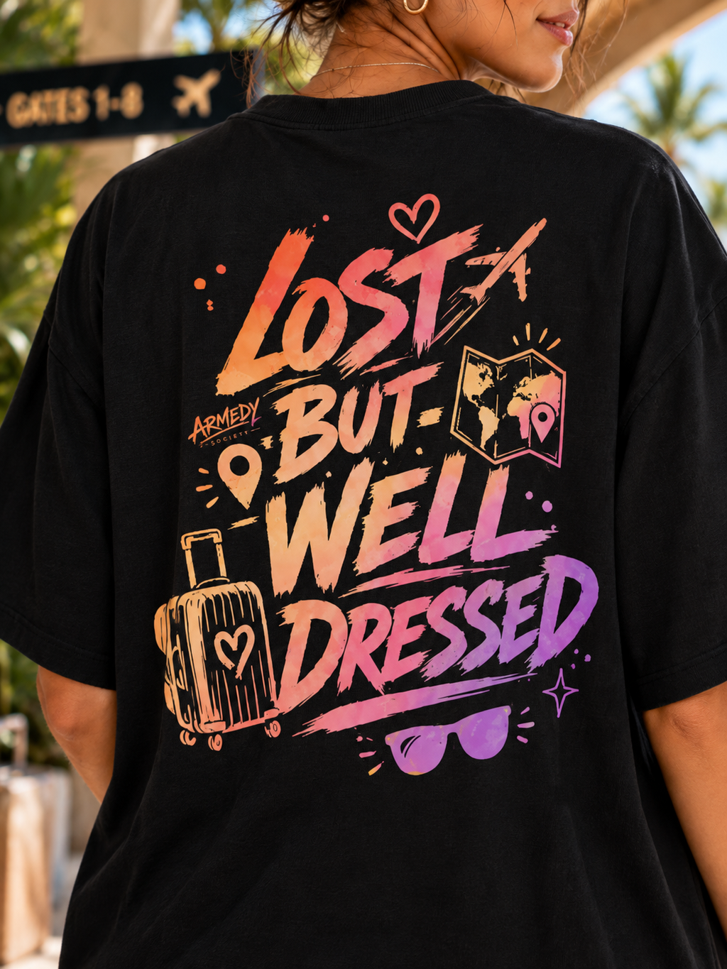 Tricou oversized negru Lost But Well Dressed, detaliu grafica colorata pe spate